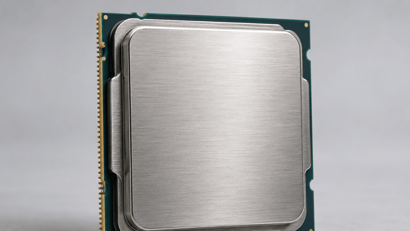 A desktop computer processor chip with a silver metal lid and a gold edge, standing upright on a pale grey surface