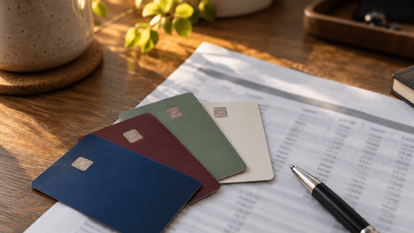 Four plain credit cards fanned across a printed monthly card statement with a pen on a wooden desk in warm window light