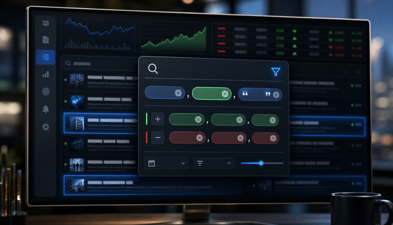 Keyword filter panel over a live market news dashboard
