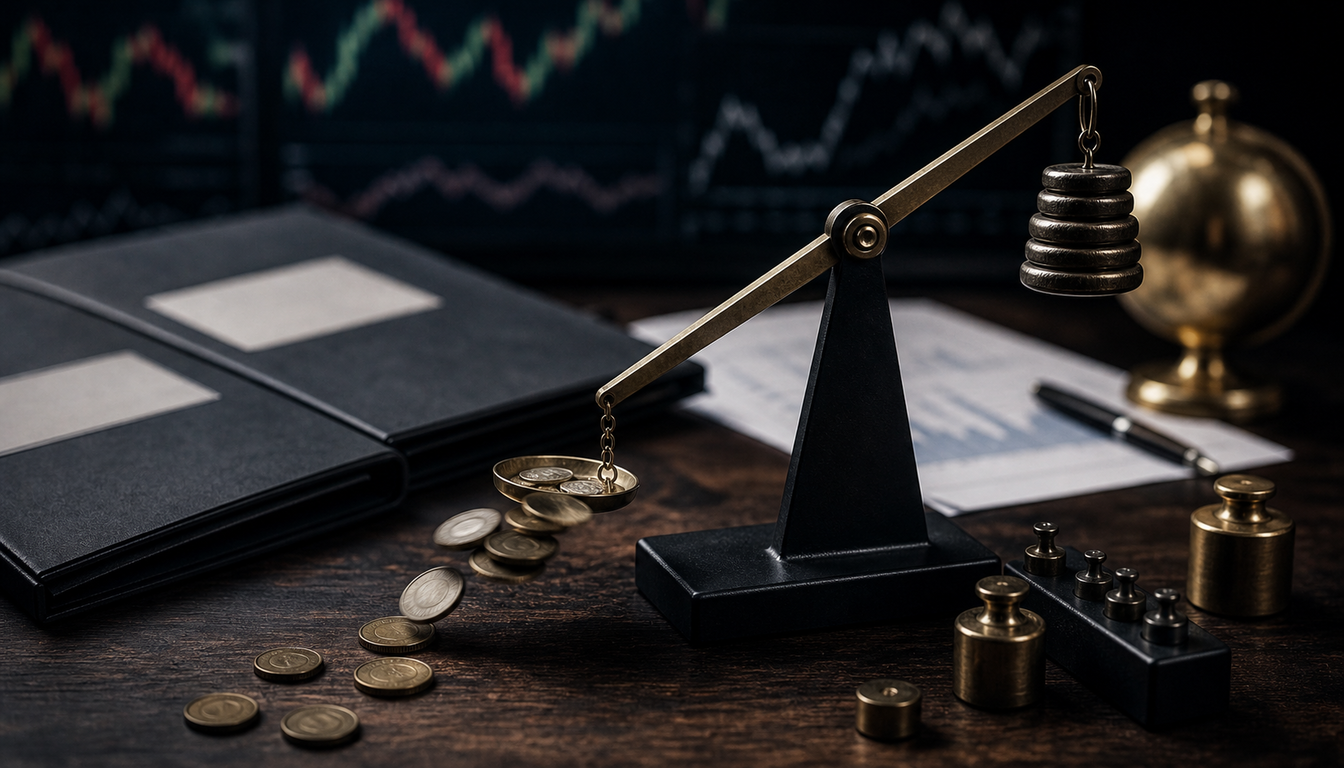 Brass balance scale with weights and coins representing leveraged ETF mechanics
