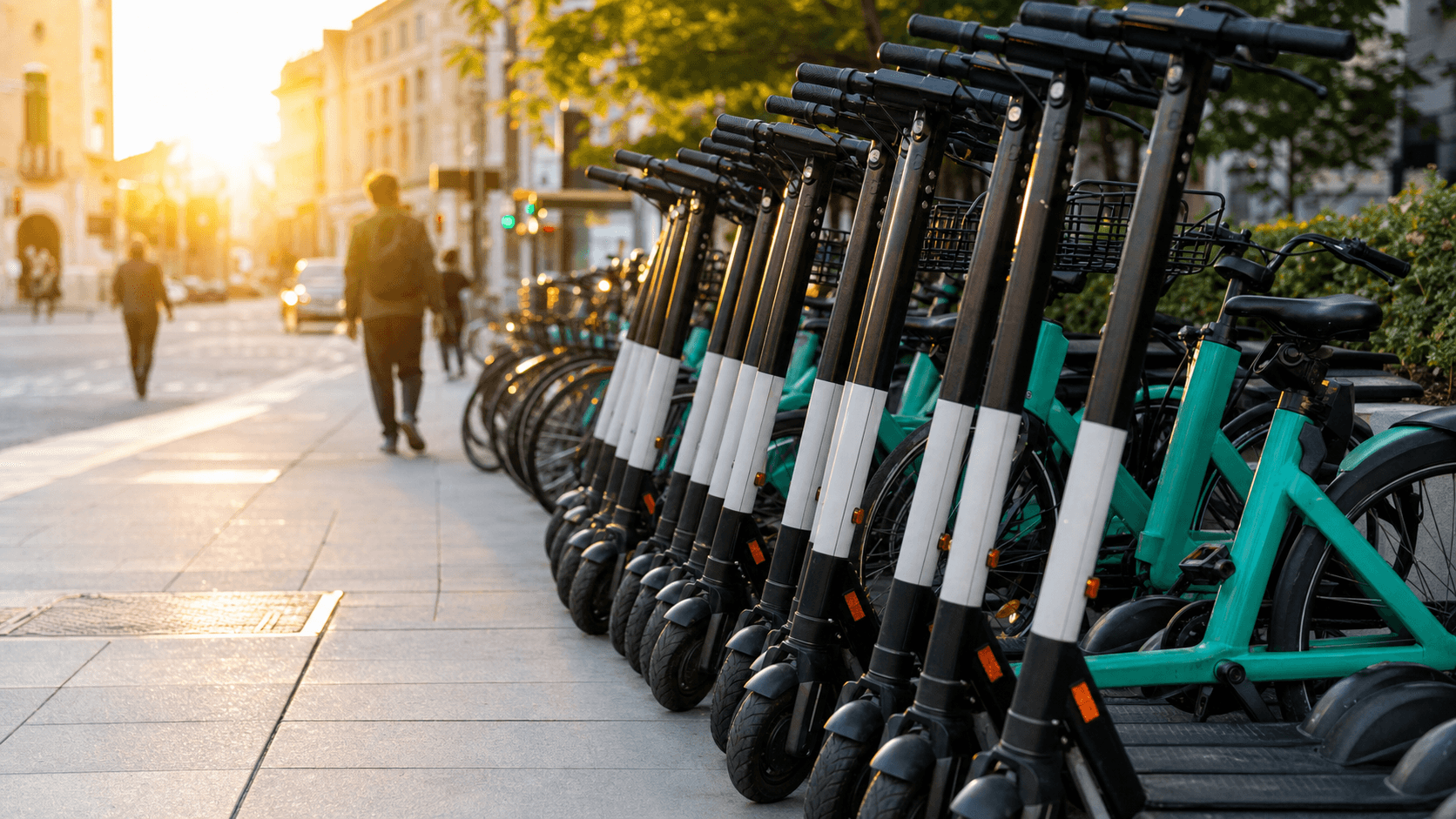 A row of shared electric scooters and e-bikes parked on a city sidewalk, illustrating Lime micromobility ahead of its Nasdaq IPO