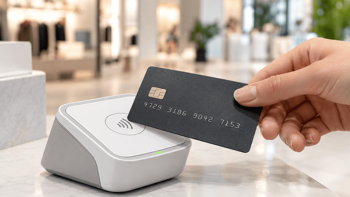 A hand holds a dark payment card over a white contactless card reader on a store counter