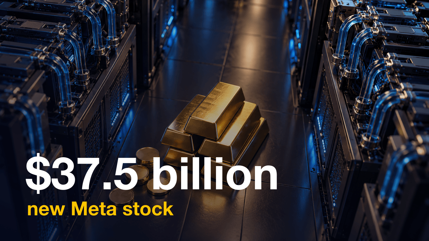 Illustration of gold bars stacked in the aisle of a data center between rows of liquid-cooled servers, for an article on Meta selling stock to help fund AI spending