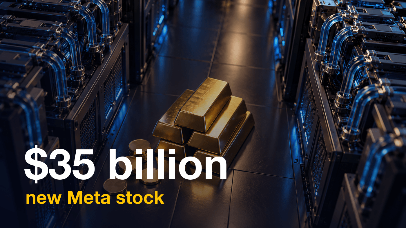 Illustration of gold bars stacked in the aisle of a data center between rows of liquid-cooled servers, for an article on Meta selling stock to help fund AI spending
