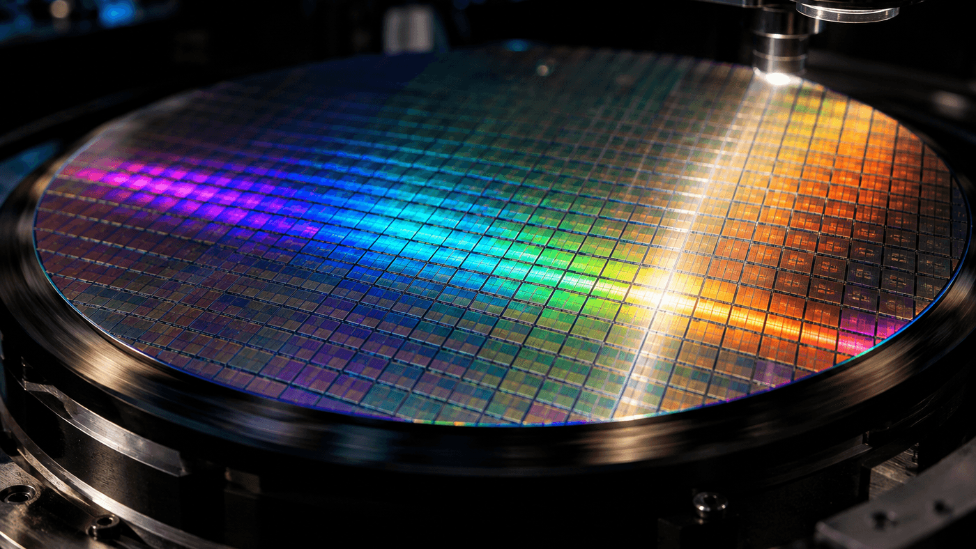 A memory chip wafer spinning under an inspection light inside a semiconductor tool, its die grid flaring into rainbow colors, illustrating Micron’s fiscal Q4 2026 earnings