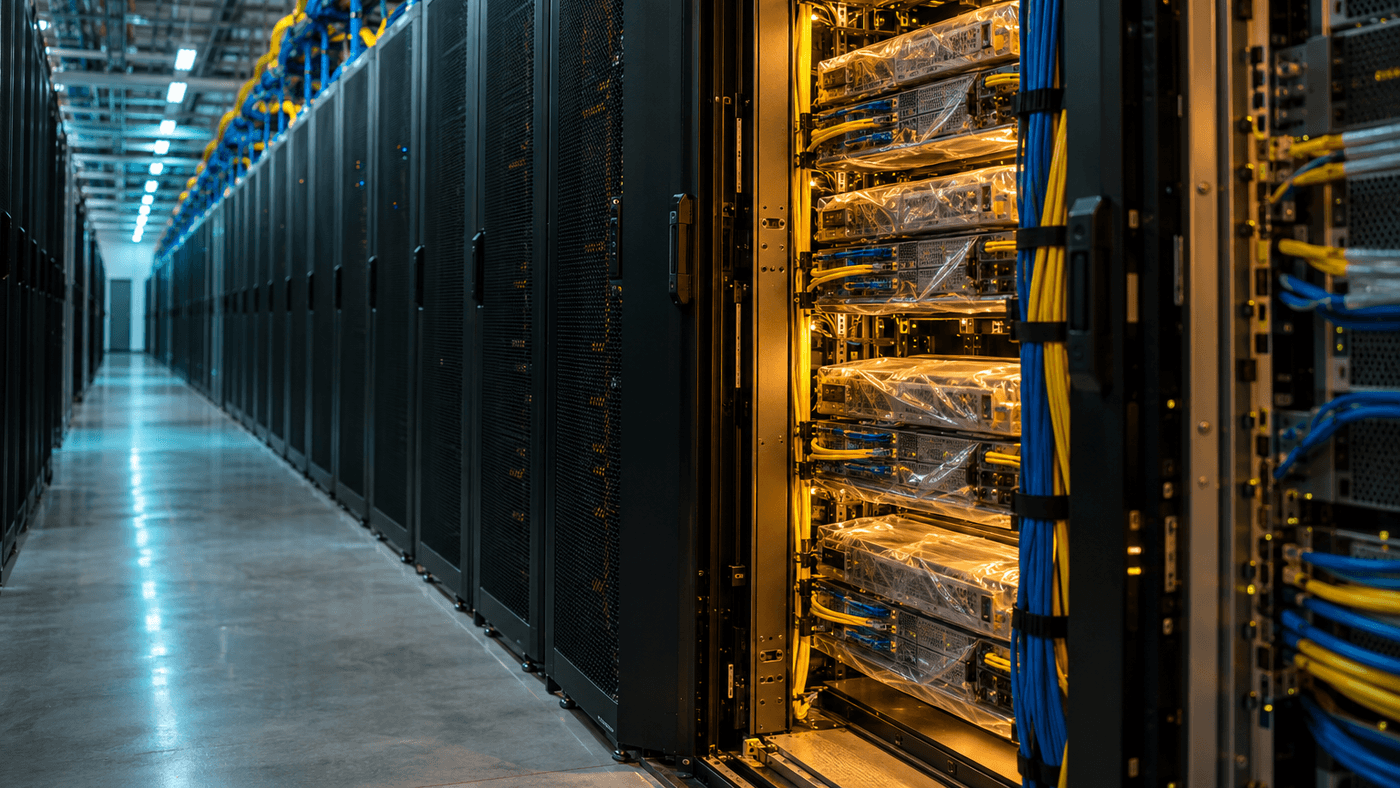 A long row of server racks in a data center hall, with one open rack holding new servers still wrapped in film