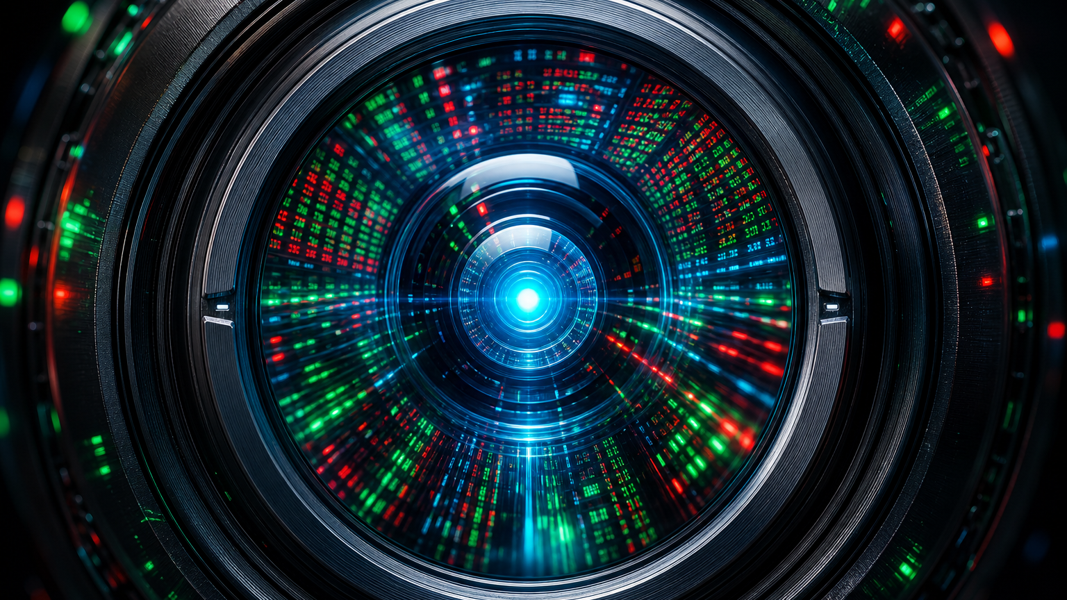 Futuristic sensor eye reflecting dense walls of green and red stock market data, representing the AI-powered StockTitan momentum scanner watching every stock
