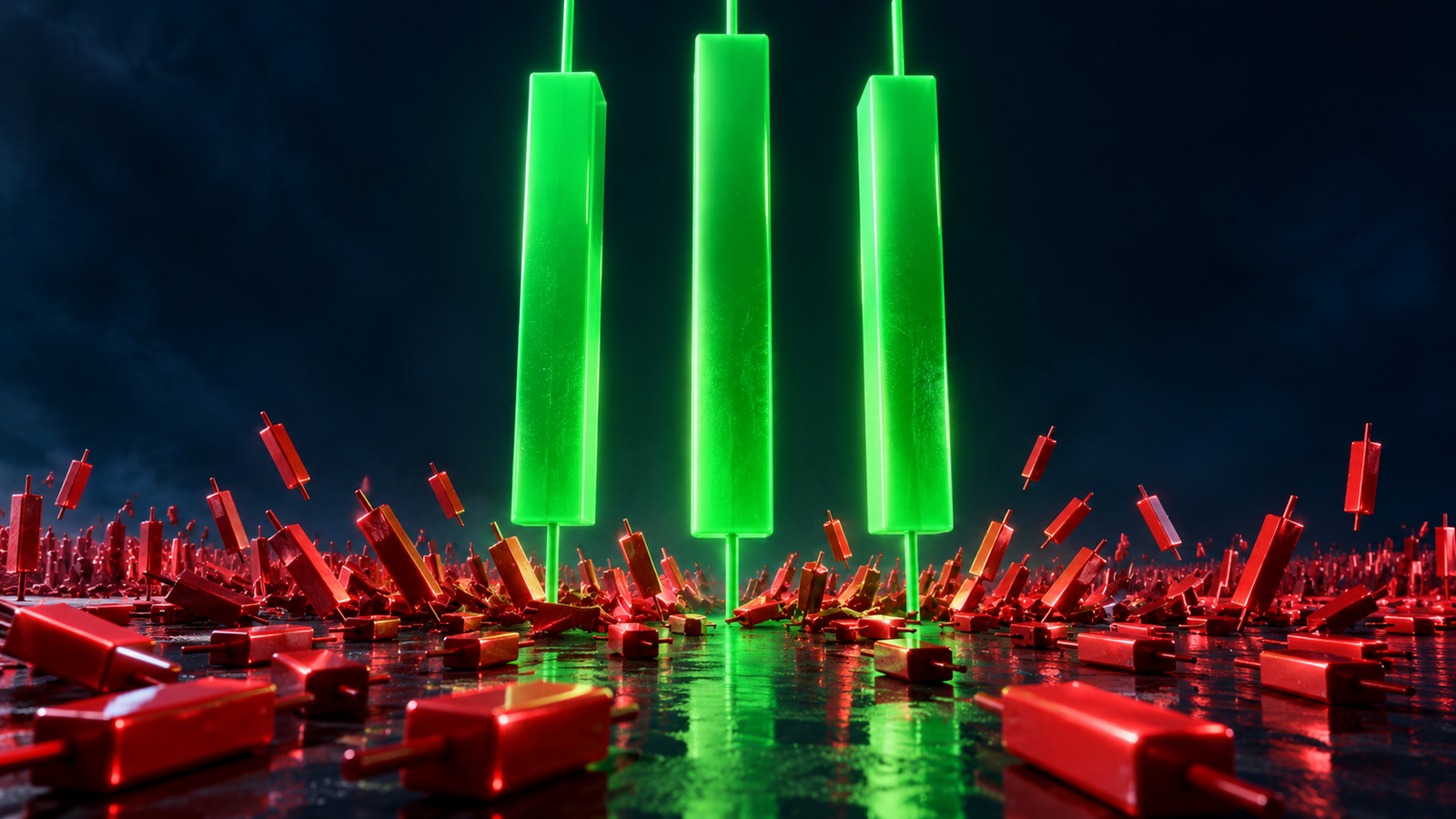 Three giant glowing green stock chart candlesticks tower over hundreds of small red candlesticks toppling to the ground, as a few large stocks lift the Nasdaq to a record while most small caps fall