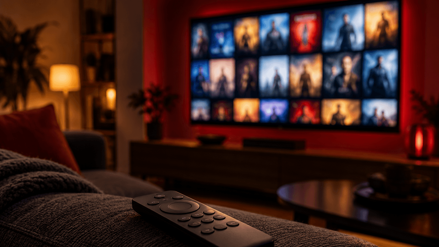 A TV remote on the arm of a sofa in a dark living room, with a large television glowing with a grid of colorful title tiles