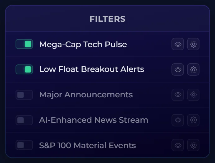 StockTitan filter slot panel showing five saved presets with green on or off toggles and action icons