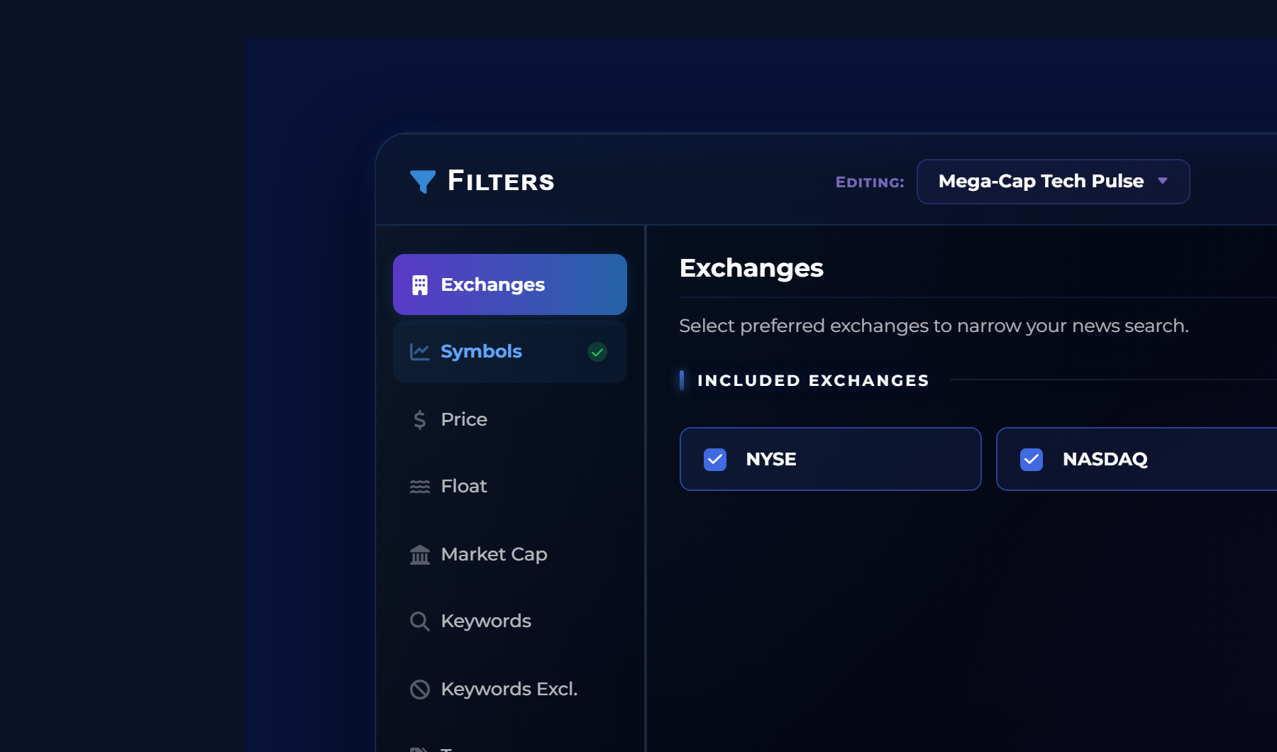 StockTitan multi-filter modal with tabs sidebar and the Exchanges rules visible