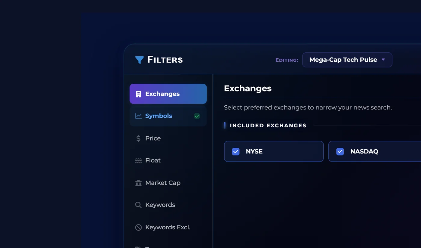 The filter rules editor open on the Exchanges tab, with a tabs sidebar on the left and exchange controls on the right