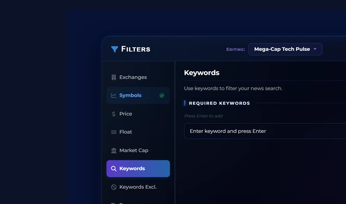 The Keywords tab inside the filter editor showing a keyword input field and Copy and Clear buttons