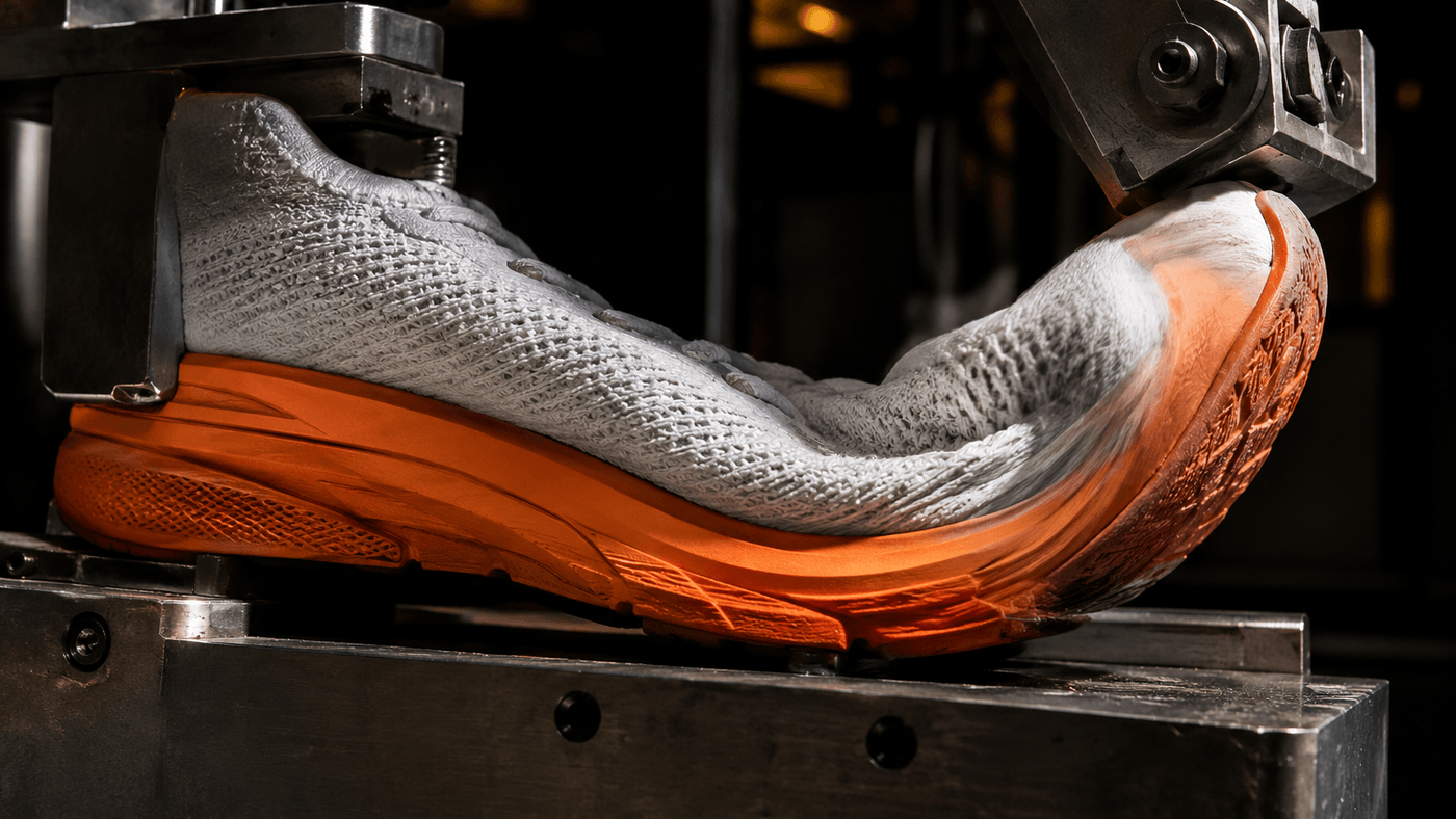 A white knit running shoe with an orange sole bent sharply inside a steel flex-testing machine, illustrating Nike’s fiscal Q1 2027 earnings and outlook cut