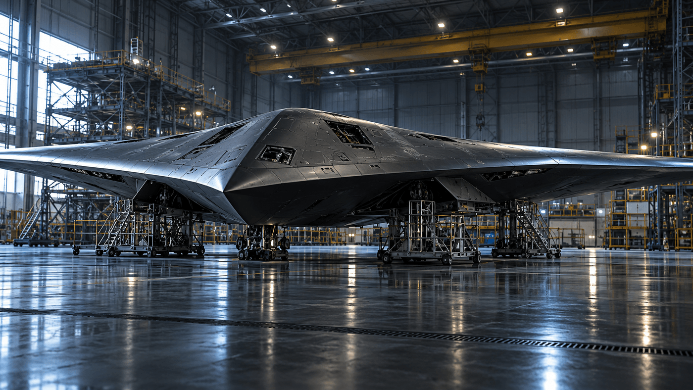 A dark flying-wing stealth aircraft under construction on maintenance stands in a large, brightly lit hangar with a yellow gantry crane overhead
