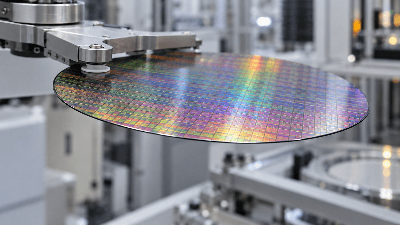 A robotic arm lifts a silicon wafer covered in rainbow-colored chips in a bright, automated chip factory
