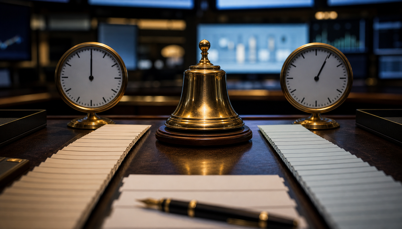 Brass market bell with two clocks and blank order slips on a trading desk