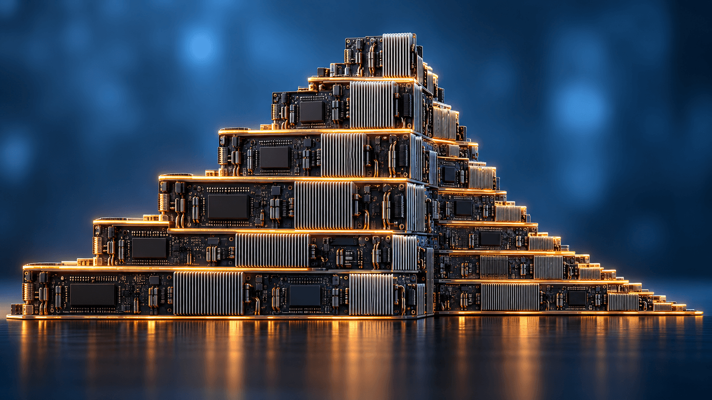 Stacked AI accelerator boards and heatsinks rising to a peak and stepping down, for a story on Oracle capping added funding at $20 billion