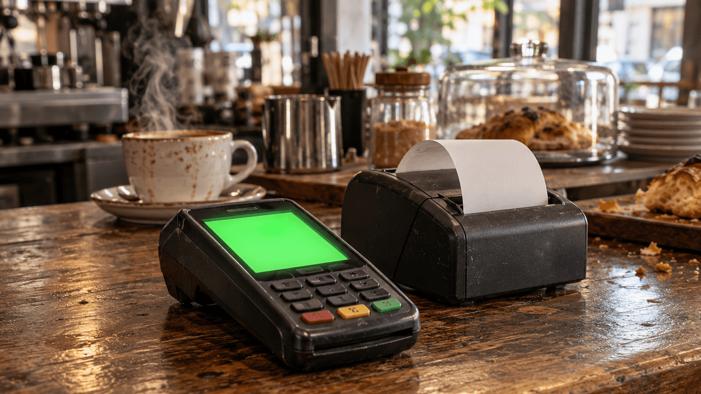 A handheld card reader on a cafe counter shows a green approval light as a receipt prints, illustrating PayPal's third quarter 2026 payments results.