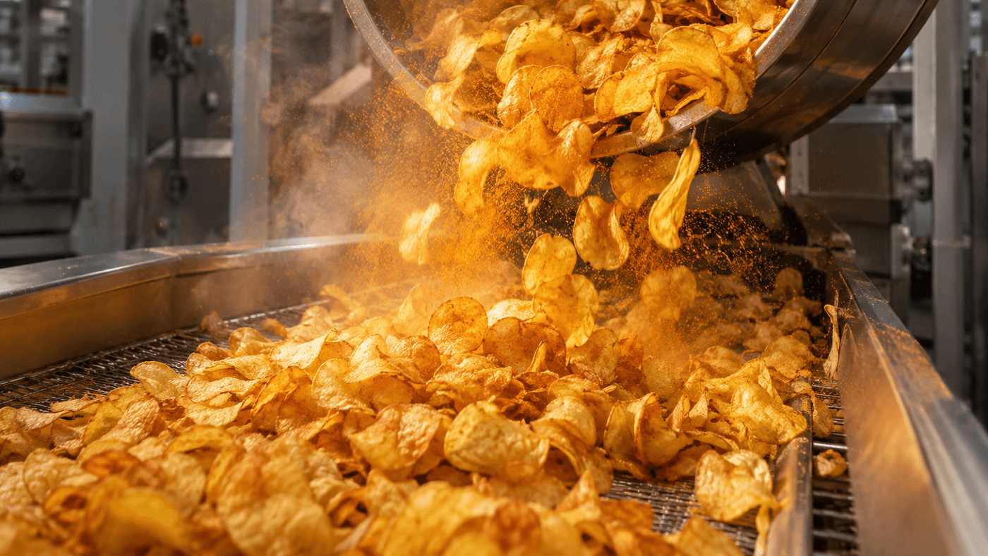 Freshly fried potato chips tumbling from a seasoning drum onto a conveyor in a snack factory