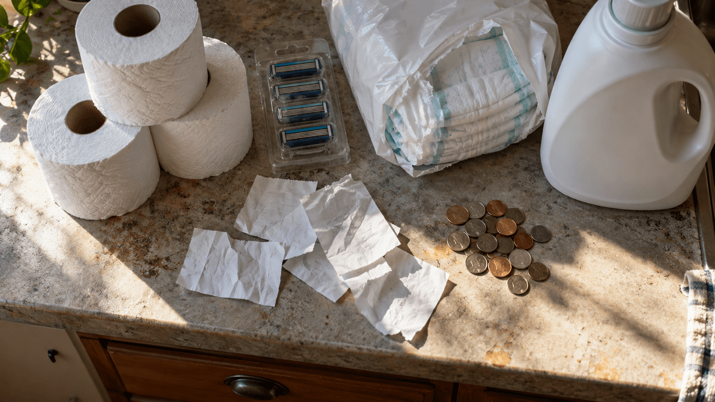 Household goods including toilet paper, a razor pack, a diaper pack and a detergent jug on a kitchen counter beside coins and shopping receipts