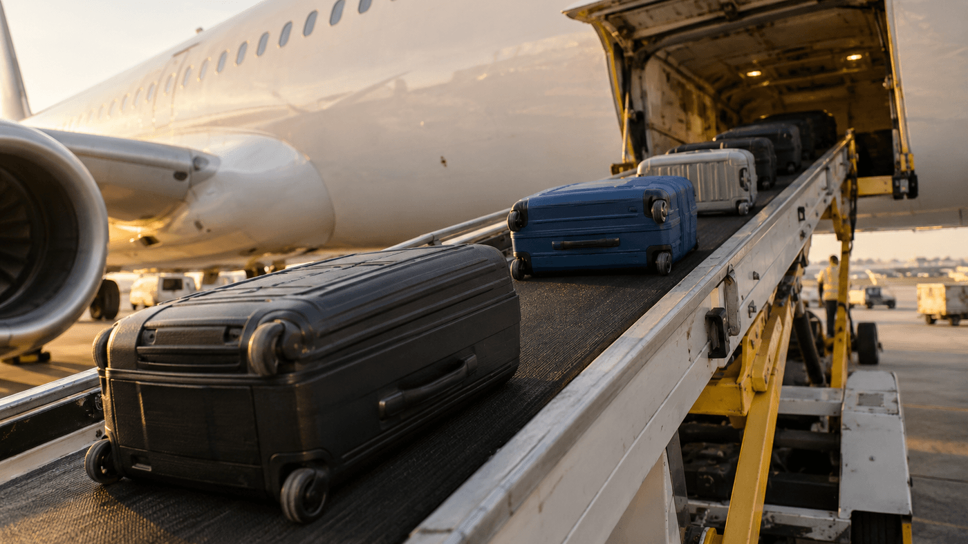 Suitcases riding a belt loader into the open cargo hold of a white passenger jet on an airport apron at sunrise