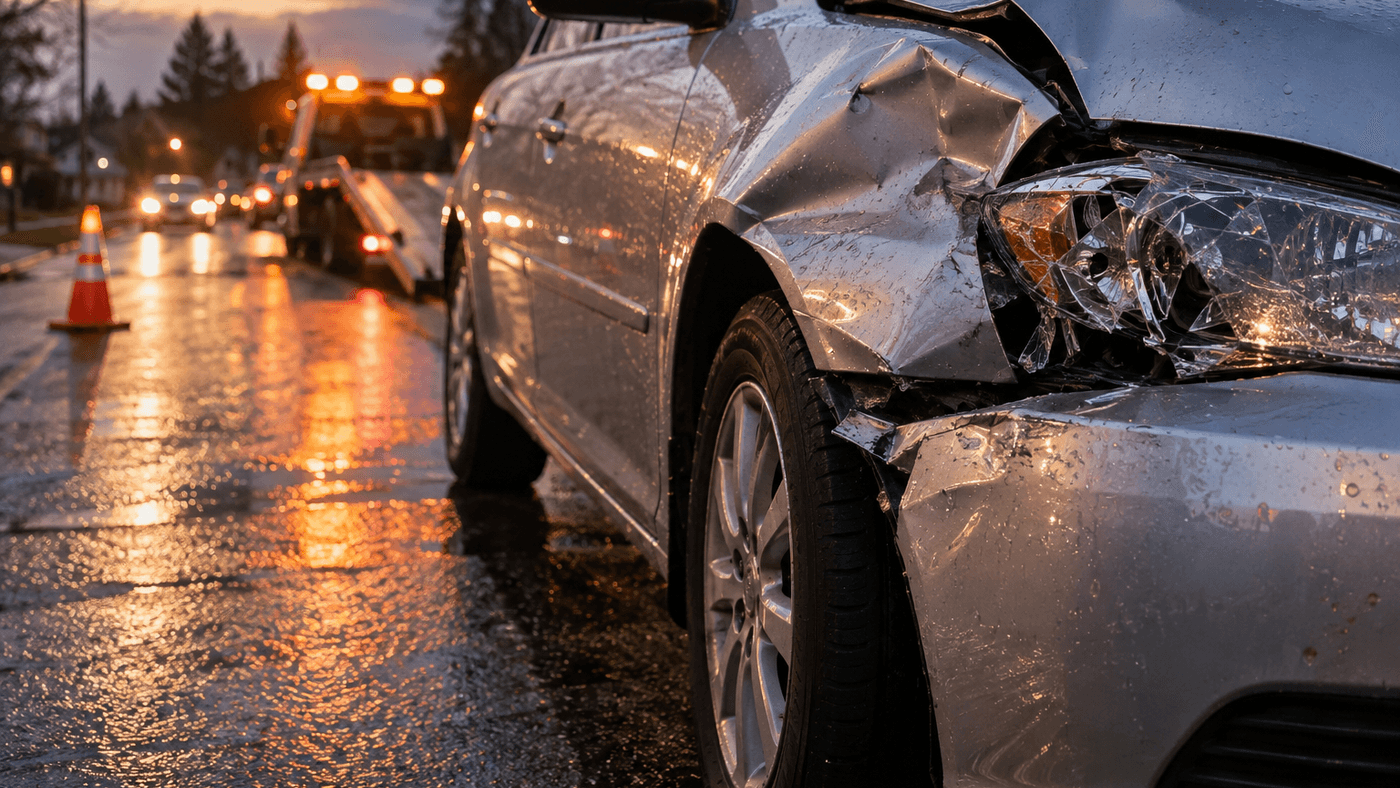 Silver sedan with a crumpled front fender and cracked headlight on a wet street at dusk, with a tow truck and a traffic cone behind it