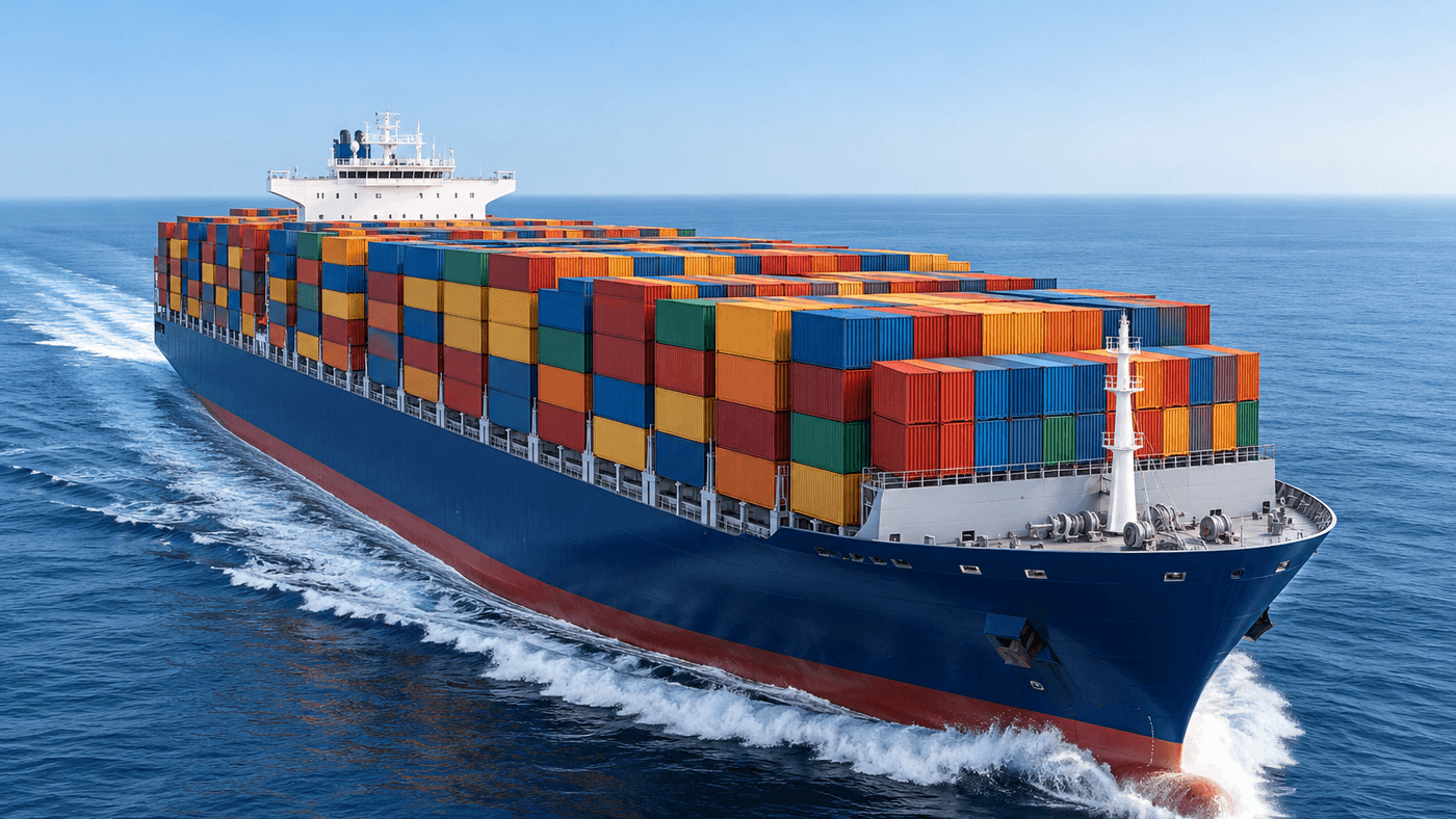 A large container ship loaded with stacks of colorful shipping containers moving through open blue sea under a clear sky
