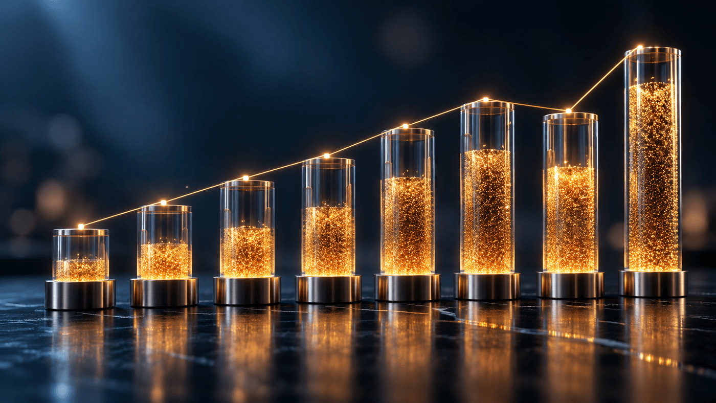 Glass columns filled with glowing amber particles at different heights, like a bar chart of the economy's quarterly output
