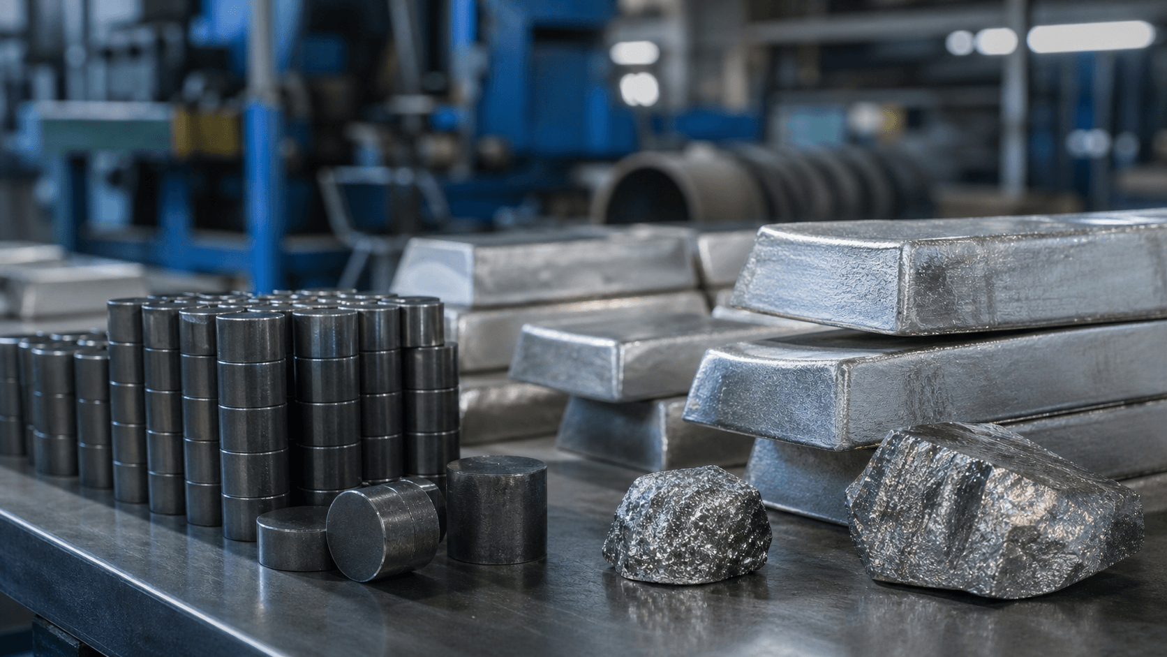 Rare-earth permanent magnets, metal ingots, and ore on a processing-facility bench, illustrating the mine-to-magnet supply chain
