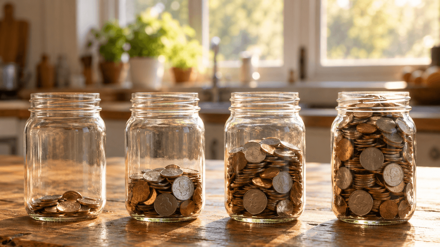 Four glass jars on a wooden kitchen counter holding coins at rising levels, from nearly empty to nearly full