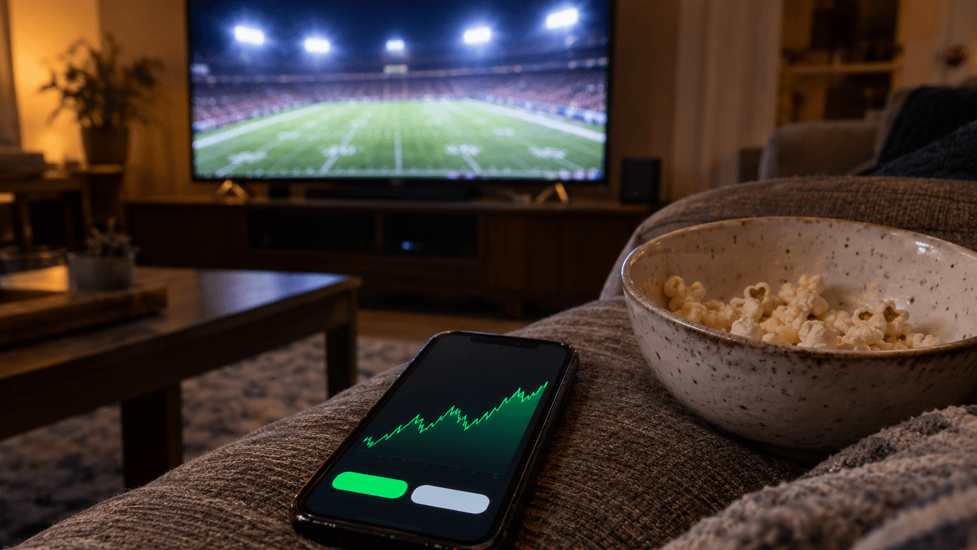 A smartphone showing a green trading chart on a couch armrest beside a bowl of popcorn, with a football game on a television behind