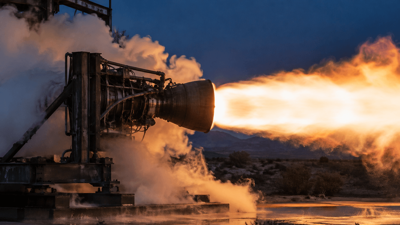 A rocket engine firing on an outdoor test stand at dusk, with an orange plume and white steam against a deep blue sky