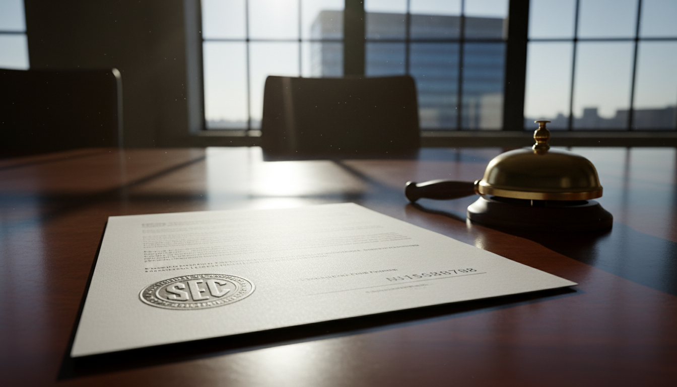 SEC registration document with embossed seal next to brass bell on conference table in morning light