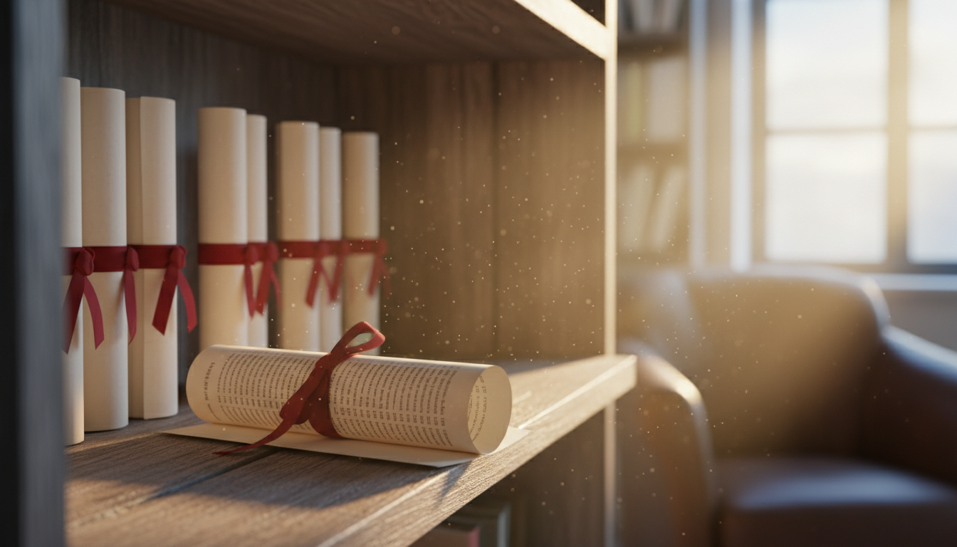Rolled shelf registration documents with red ribbons on wooden office shelf in warm afternoon light