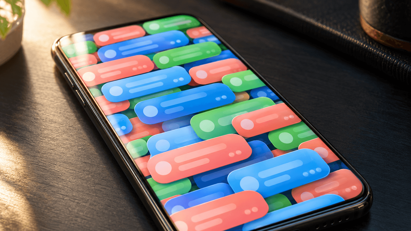A smartphone on a dark desk with its screen filled with glossy, colorful message notification bubbles