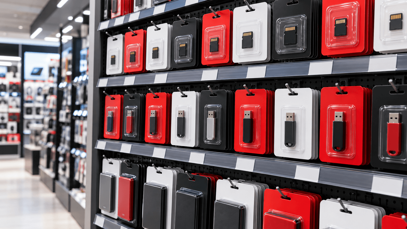 A store wall of memory cards, USB flash drives and portable SSDs in red, black and white packs
