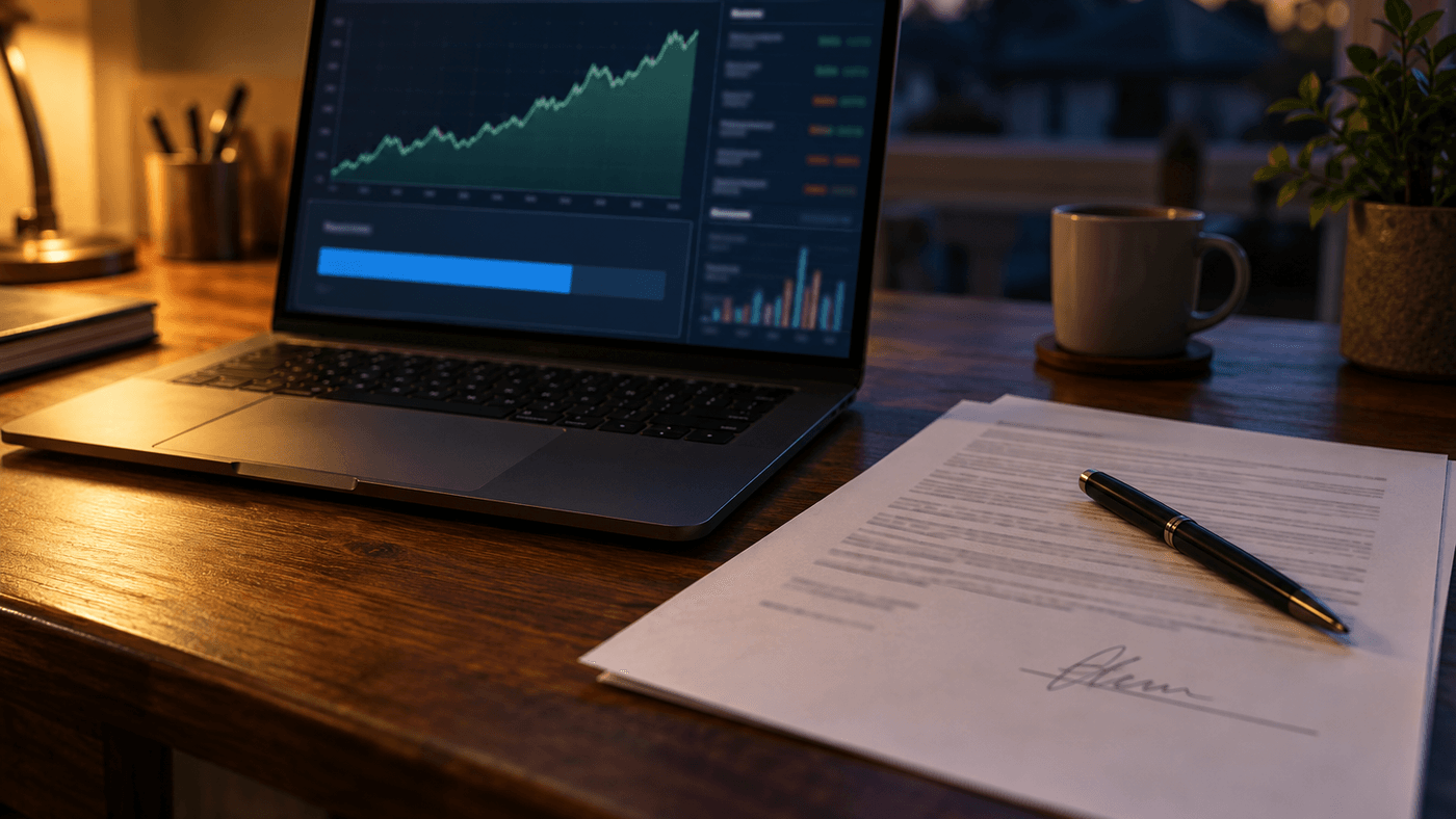 A laptop on a home desk at dusk shows a rising stock chart and a borrowing balance bar beside a signed loan agreement and a pen