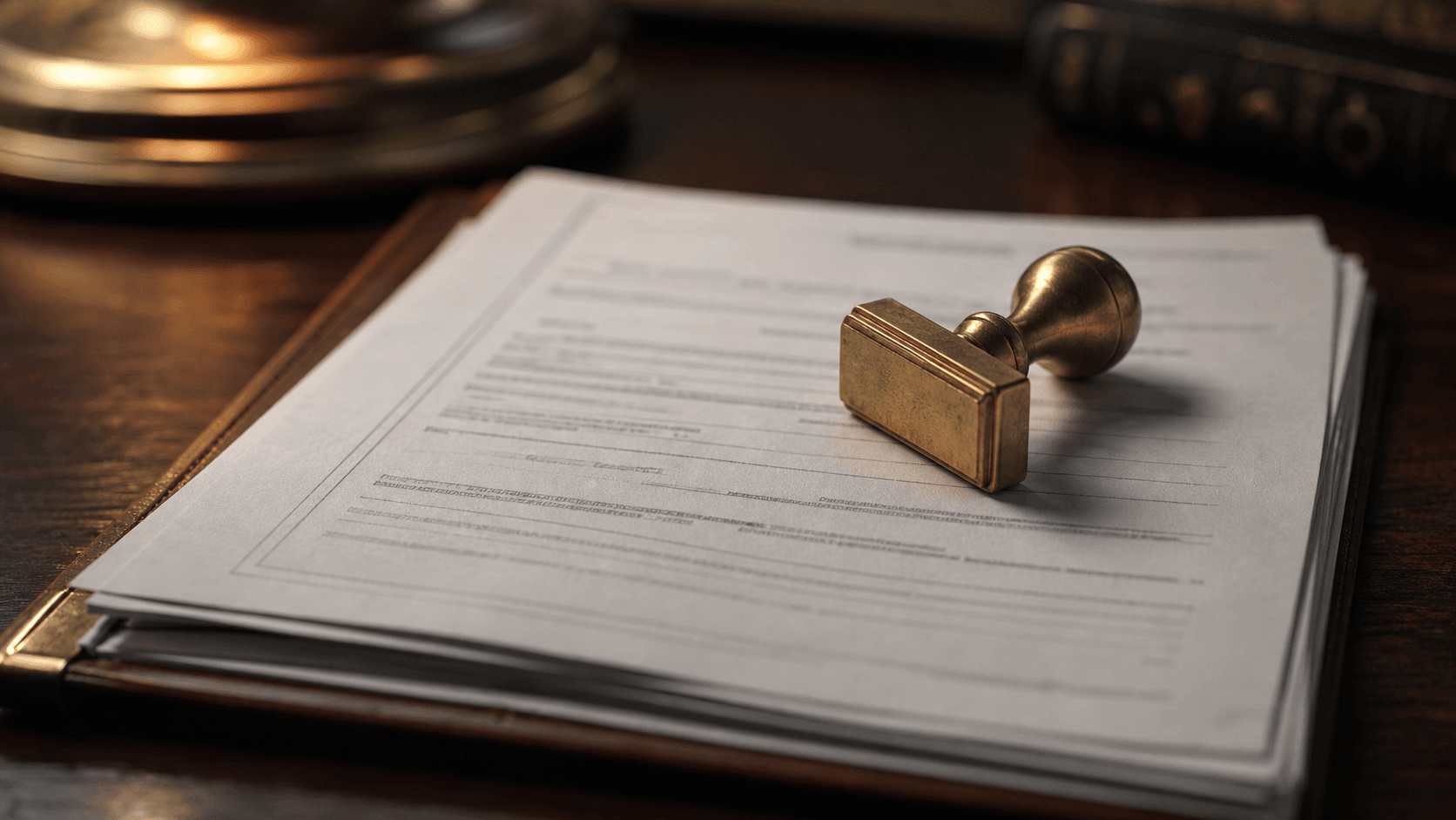 A formal SEC filing document with a brass date stamp on a desk, illustrating the different dates on a filing