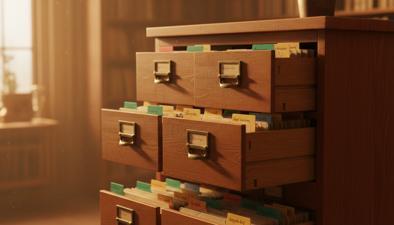 Wooden filing cabinet with open drawers of organized manila folders in warm library setting