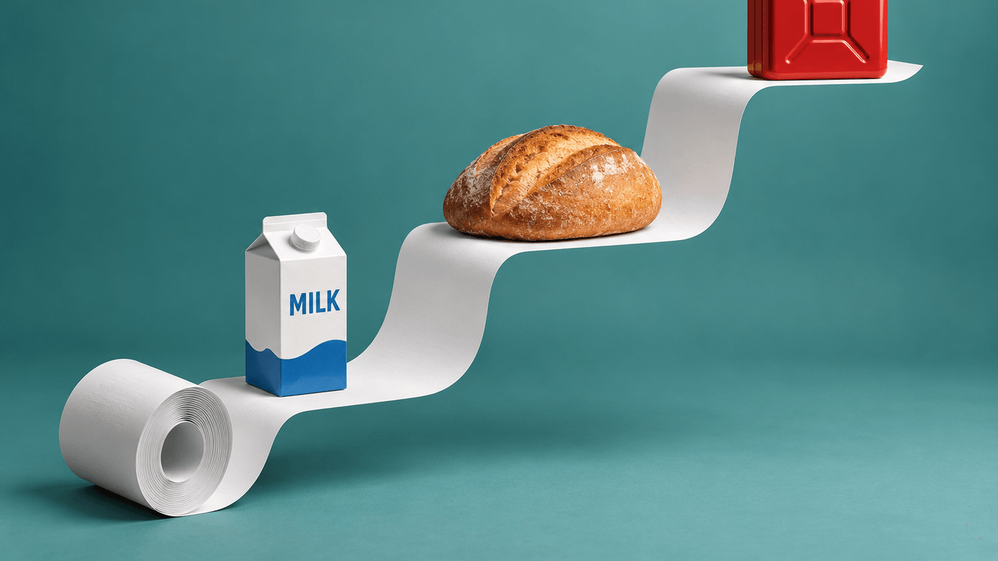 A blank receipt climbing in steps with milk, bread and a fuel can on it, for the September 2026 PCE inflation report