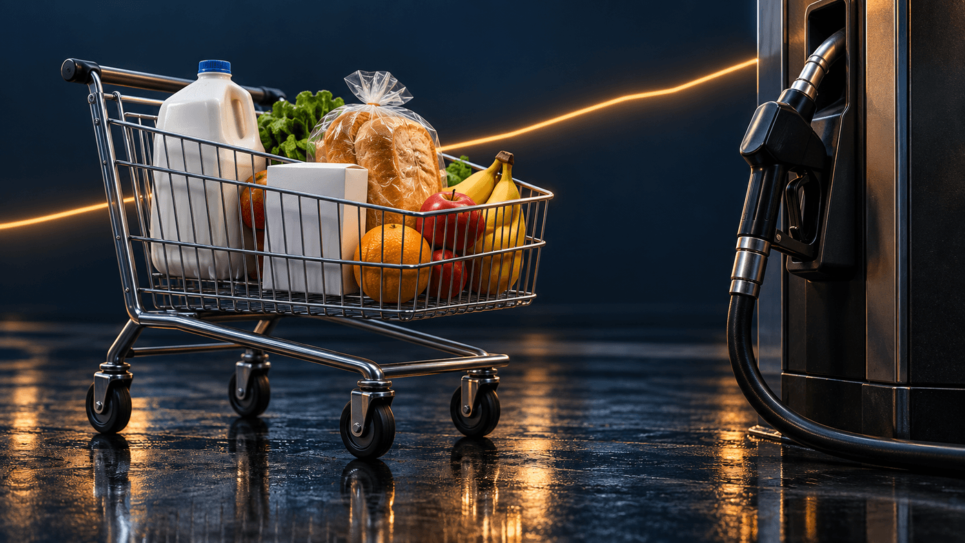 Everyday goods and a fuel nozzle beside a rising line, for the September 2026 PCE inflation report preview