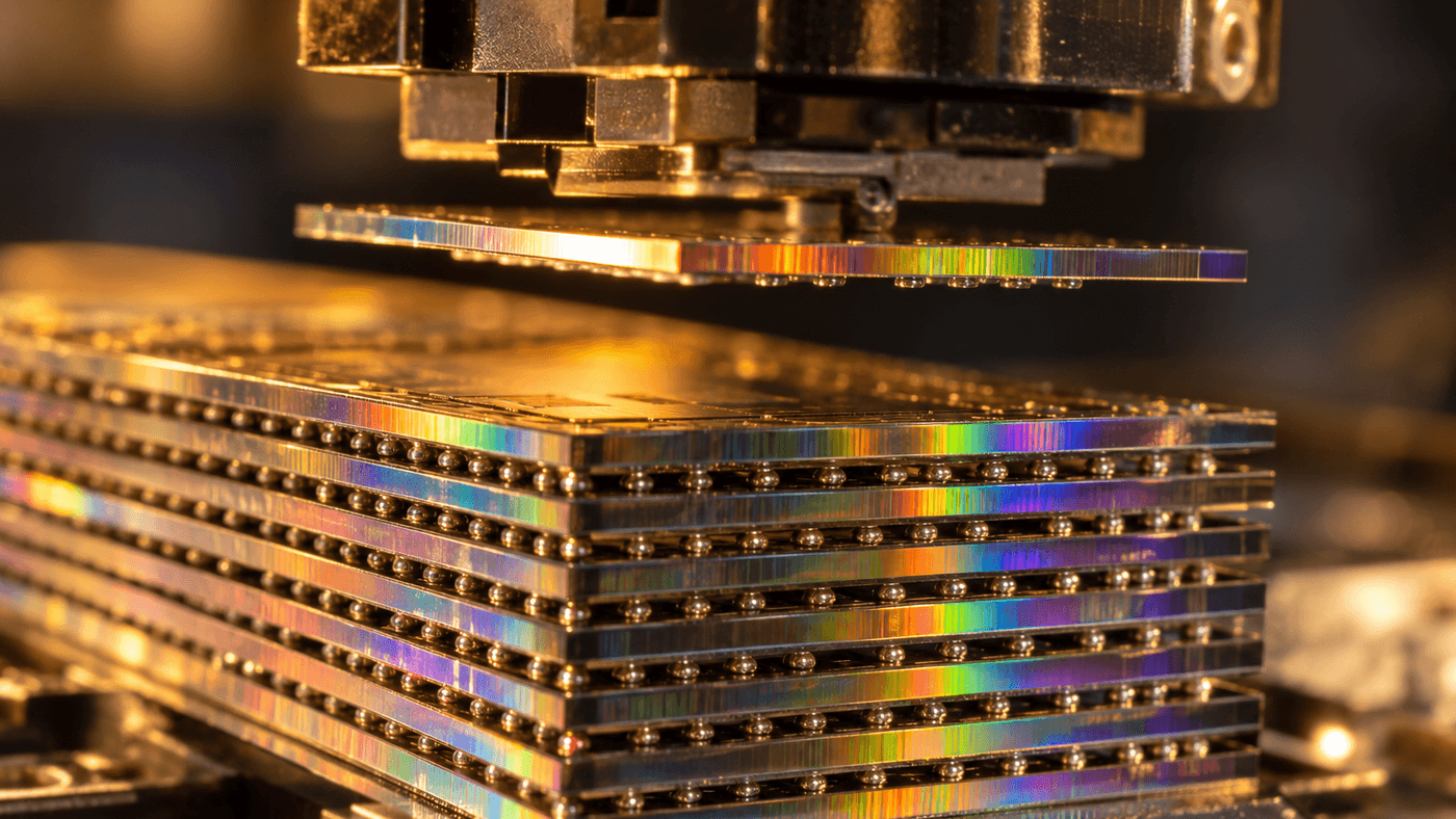 A close-up of thin silicon memory chips being stacked one on top of another, the kind of stacked memory used in AI processors.