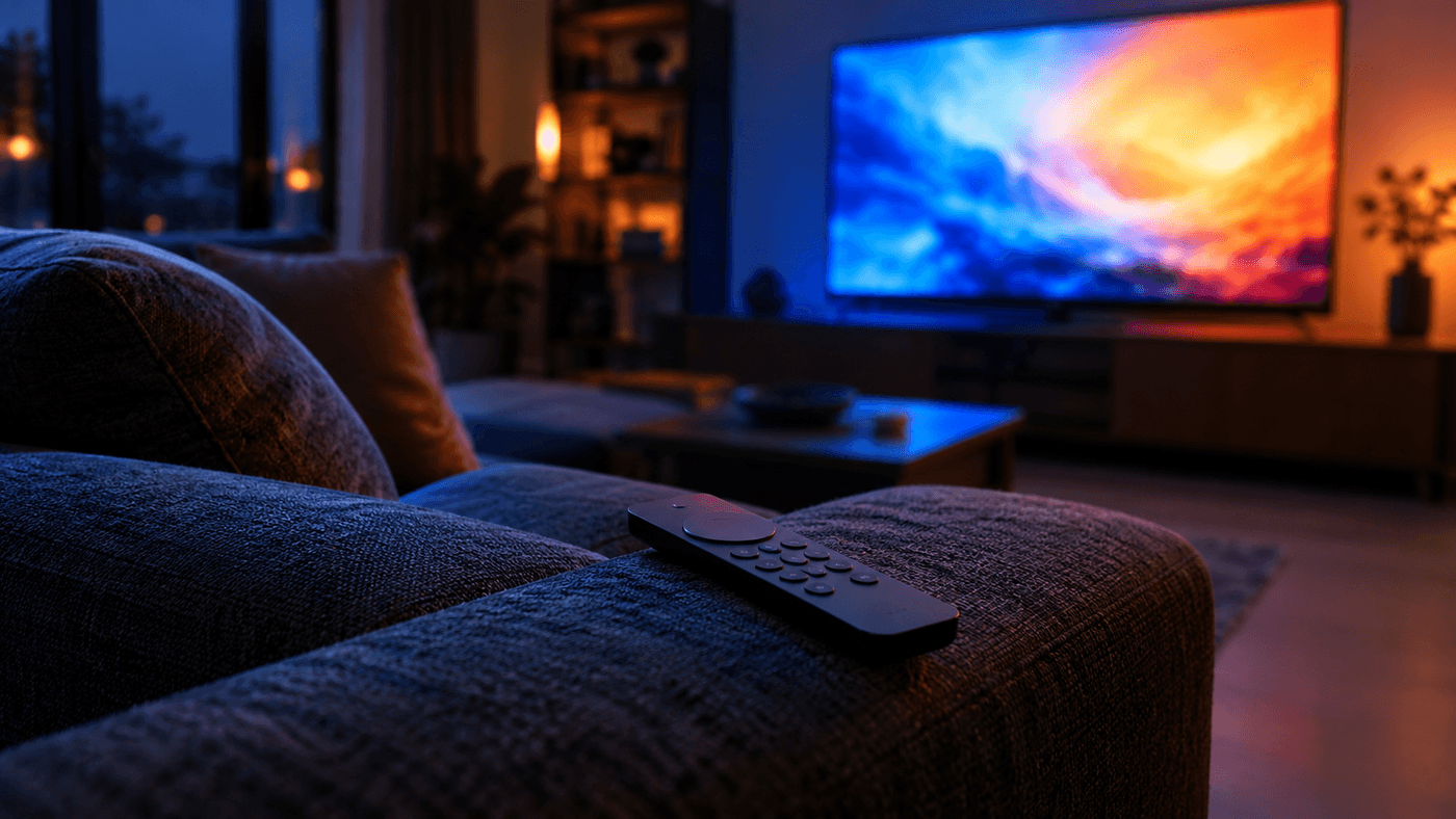 A remote control on the arm of a sofa in a dim living room, with a television glowing blue and orange in the background