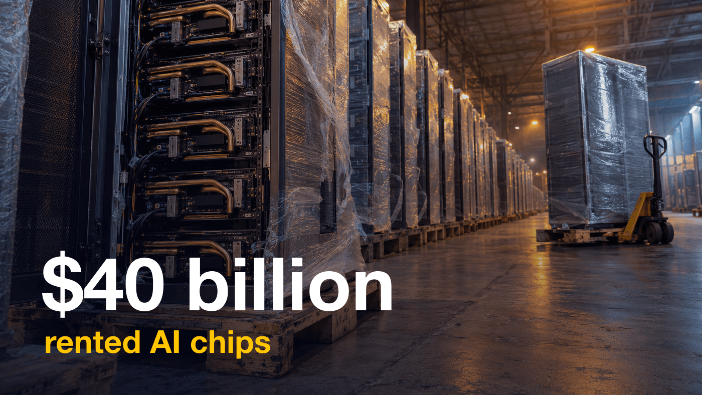 Rows of wrapped GPU server cabinets on pallets in a large warehouse, one cabinet open to show its circuit boards
