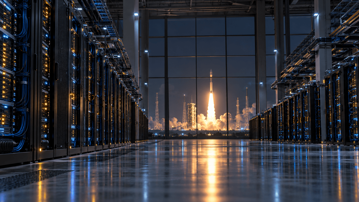 Rows of glowing computer server racks in a large data center hall, with a rocket lifting off on a launch pad seen through tall windows at the far end