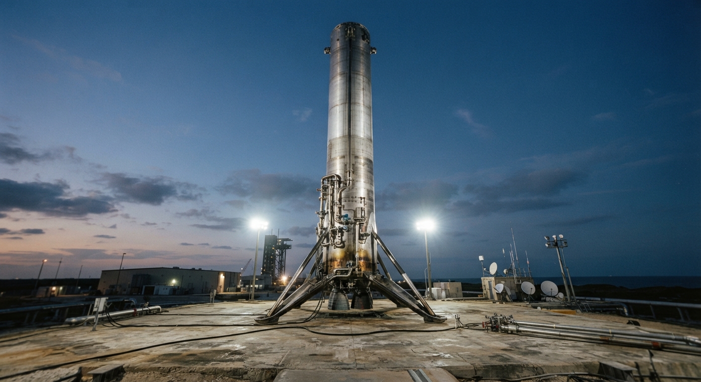 A tall unbranded reusable rocket booster standing upright on a floodlit concrete launch pad at dusk