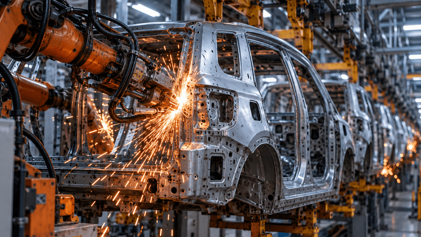 Bare welded steel SUV body shells hanging in a row on an automotive assembly line as robotic arms throw orange welding sparks under cool factory light