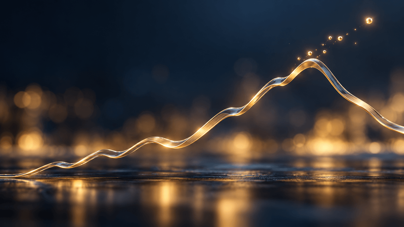 A glass and metal line chart ribbon rising and then dipping against a dark navy background, with gold sparks breaking away above its peak
