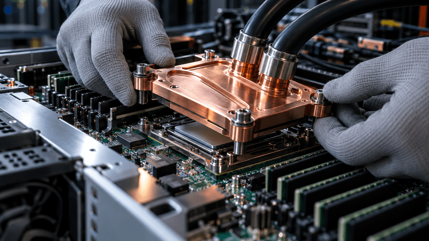 Gloved hands fit a copper liquid cooling plate with coolant tubes onto a server circuit board